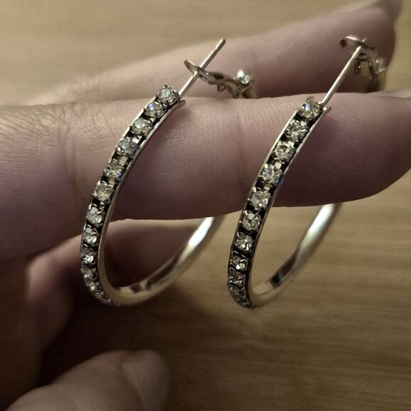 🎁$ 6 Bundled 🎁Boho Rhinestone Silver Hoop Earrings 2" Hinge Back - Picture 3 of 5